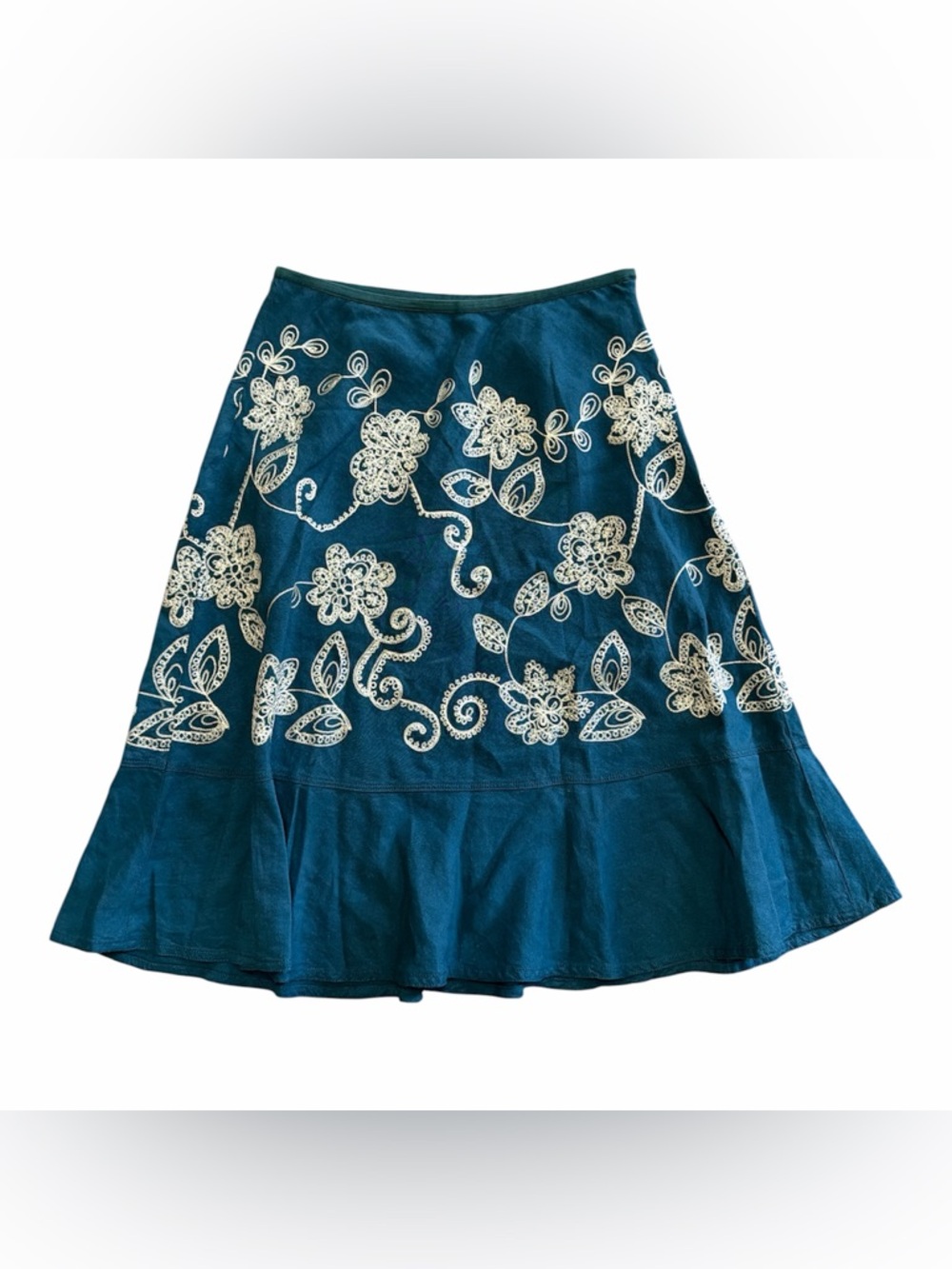 NIC+ZOE Teal A-Line Linen Blend Skirt with Cream Floral Embroidery Size 8